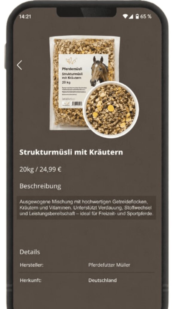 Pferdefutter als Produktansicht in der LOKBEST-App auf einem Smartphone.