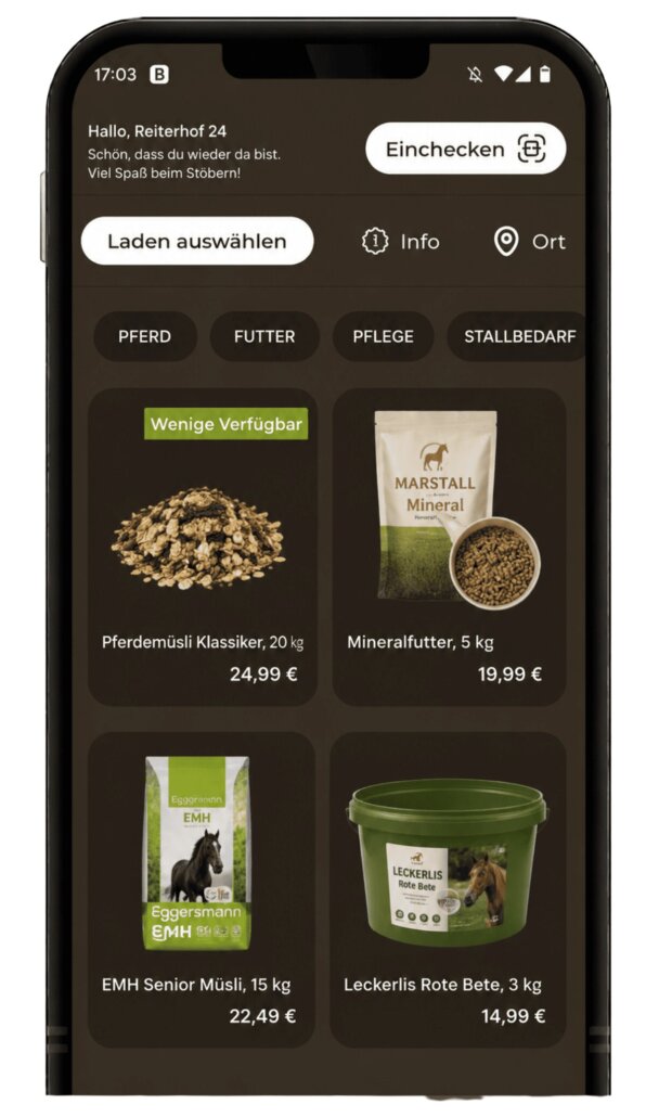 Pferdefutter und Stallbedarf in der digitalen Produktübersicht der LOKBEST-App.