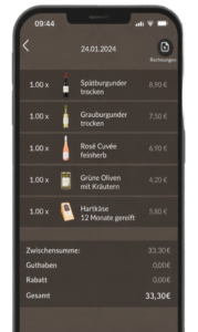 Smartphone mit digitalem Kassenbeleg und aufgelisteten Wein- und Feinkostprodukten