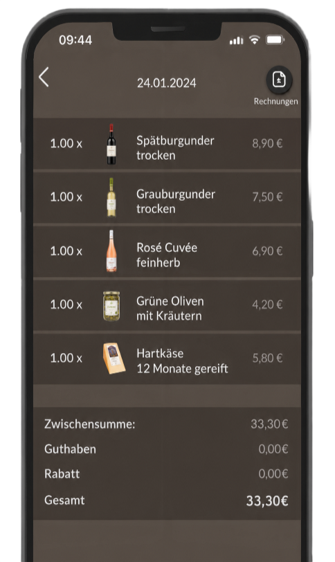 Smartphone mit digitalem Kassenbeleg und aufgelisteten Wein- und Feinkostprodukten