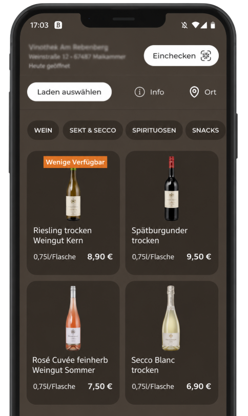 Smartphone mit einer Weinladen-App und vier angezeigten Weinflaschen samt Preisen