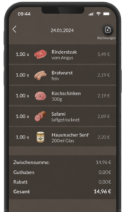 Smartphone mit einer digitalen Einkaufsliste für Rindersteak, Bratwurst, Kochschinken, Salami und Senf