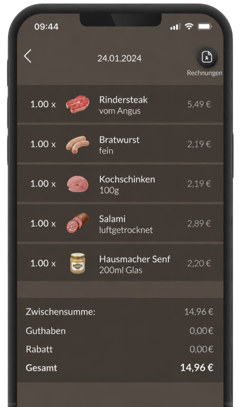 Smartphone mit einer digitalen Einkaufsliste für Rindersteak, Bratwurst, Kochschinken, Salami und Senf