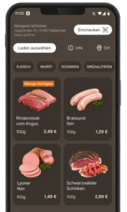 Smartphone mit digitaler Produktliste für Fleisch, Wurst, Schinken und Spezialitäten
