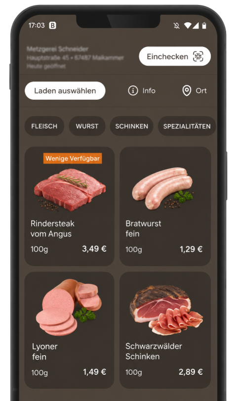 Smartphone mit digitaler Produktliste für Fleisch, Wurst, Schinken und Spezialitäten
