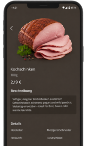Smartphone zeigt Produktseite für Kochschinken mit Preis, Beschreibung und Detailangaben.