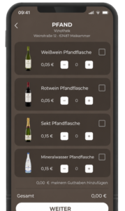 Smartphone mit Pfandanzeige für Weißwein-, Rotwein-, Sekt- und Mineralwasserflaschen