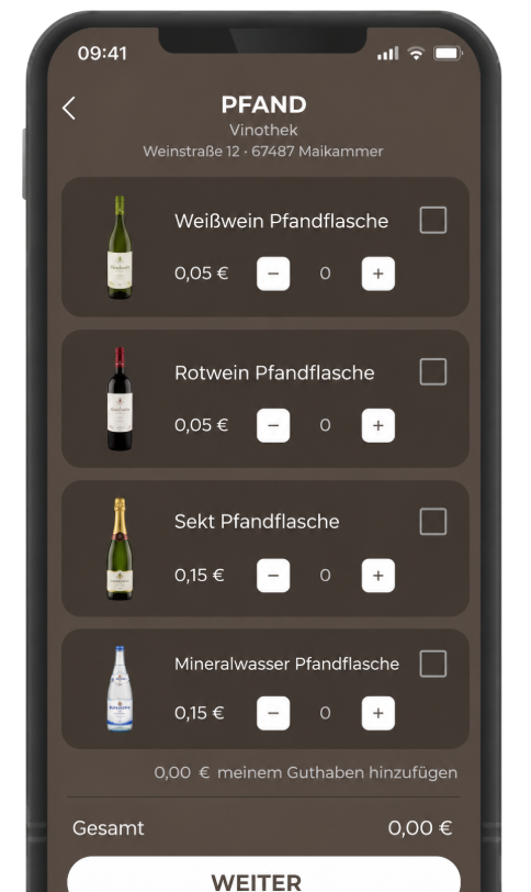 Smartphone mit Pfandanzeige für Weißwein-, Rotwein-, Sekt- und Mineralwasserflaschen