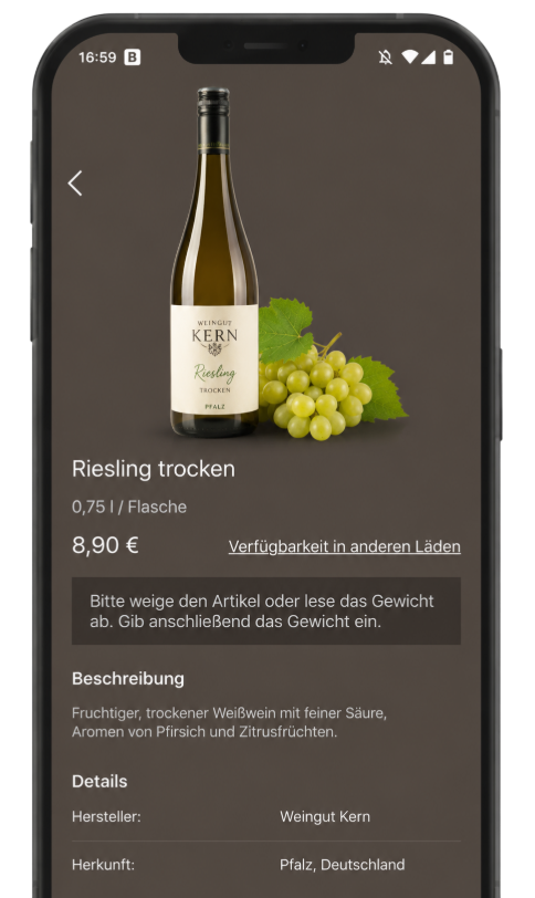 Smartphone zeigt die Produktseite einer Rieslingflasche mit Trauben und Preisangabe.